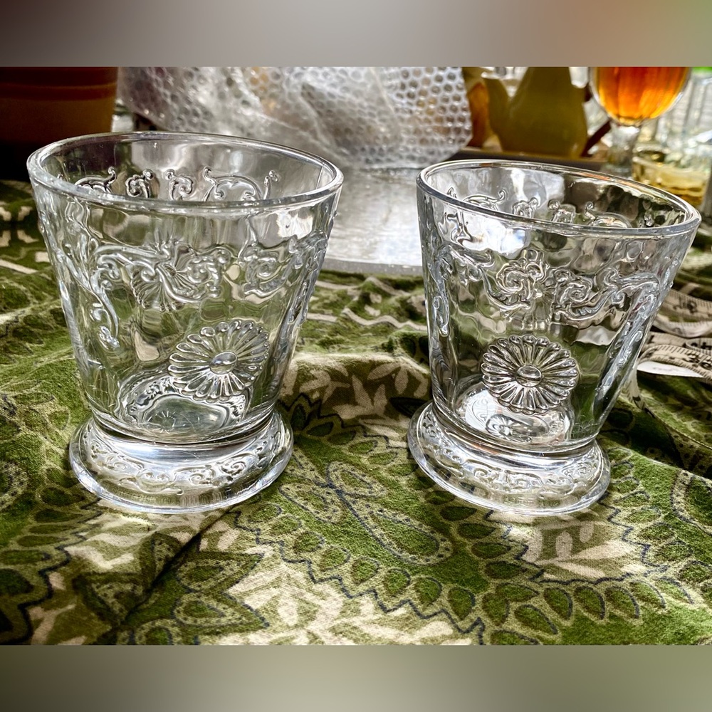 2 Italian Made Whiskey Glasses, Fiore by Amaci.  Disc 2020. Raised Design.  EC